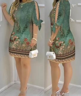 Summer Fashion Pearls Decor Floral Tribal Print Split Sleeve Casual Boat Neck Half Sleeve Daily Mini Dress