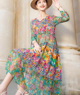 Boho Print Chiffon Party Dress Designer Midi Dresses Educational Beach Dress V Neck